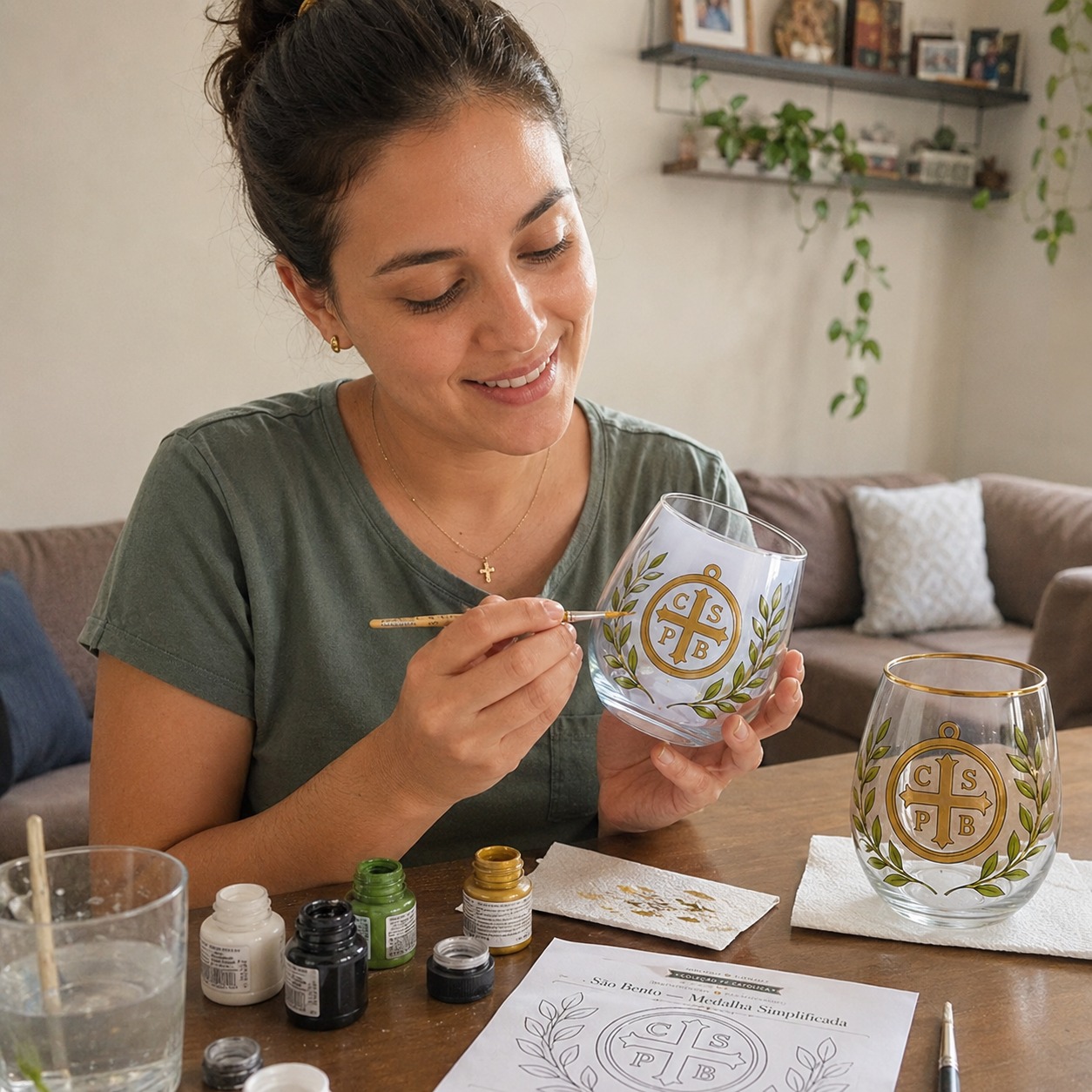 Mulher pintando taças com a medalha de São Bento na sala