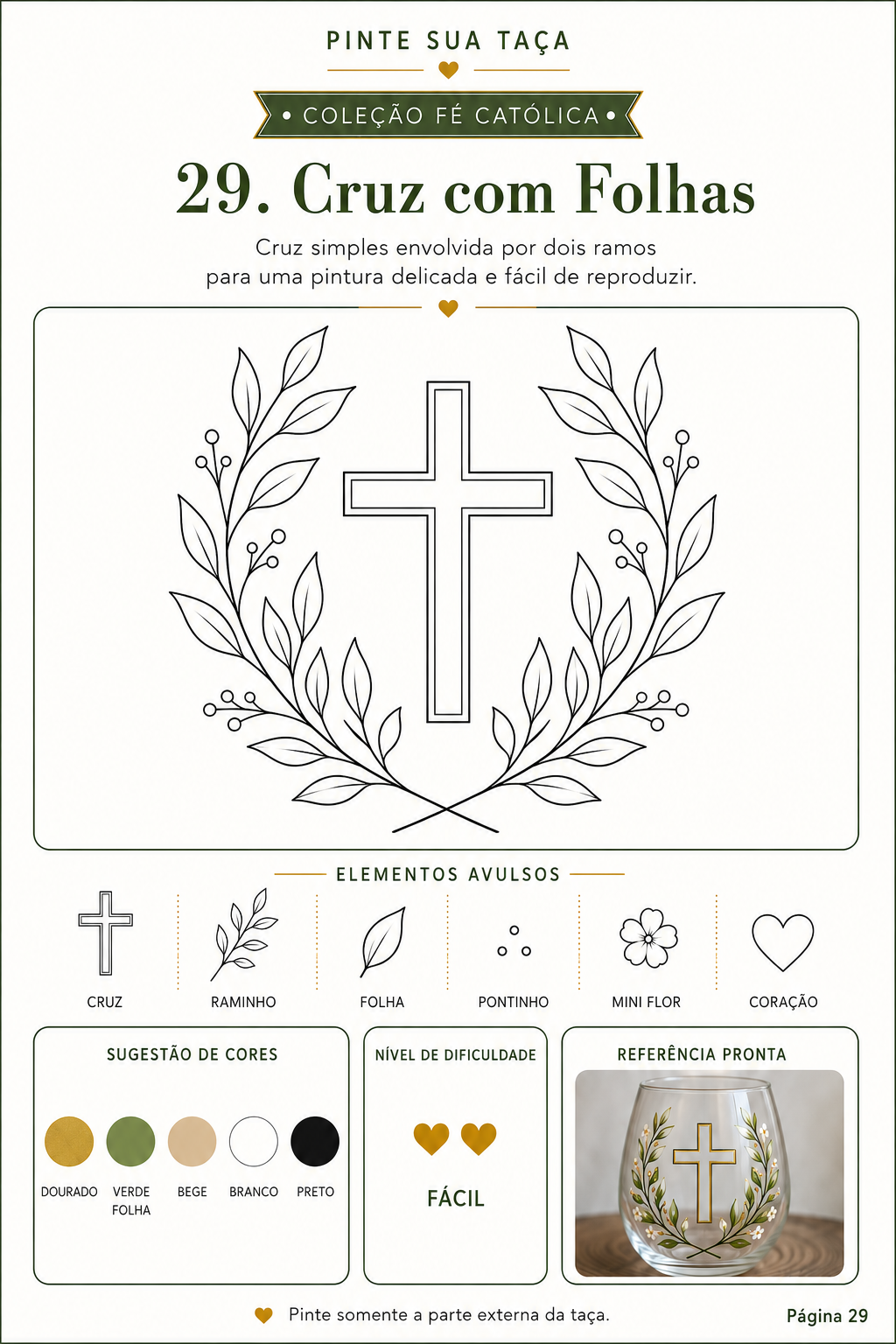 Molde católico 29 Cruz com Folhas, página interna do Pinte Sua Taça - Coleção Fé Católica
