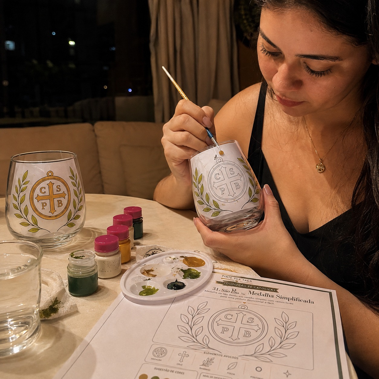 Mulher pintando taça com a medalha de São Bento