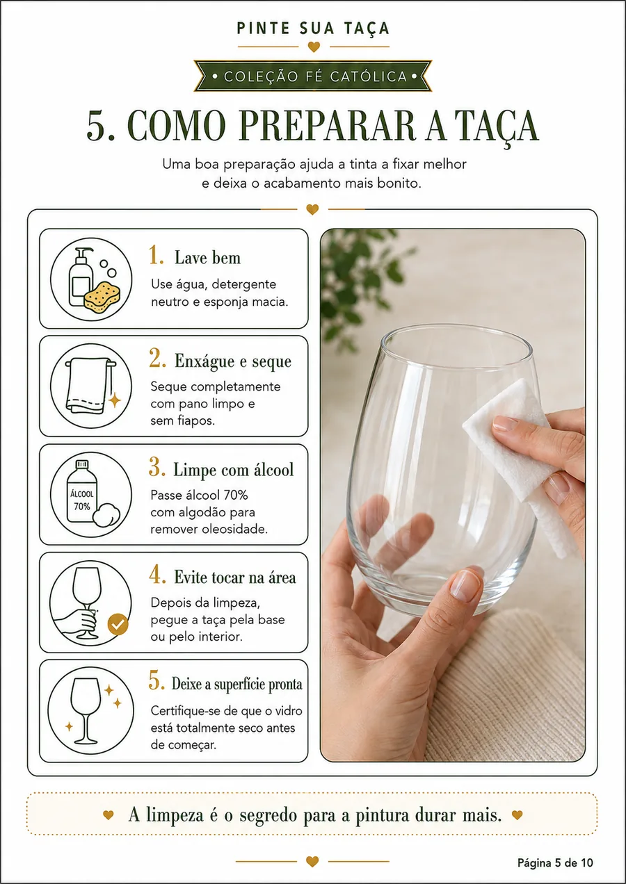 Página com o passo a passo de como preparar e limpar a taça antes de pintar