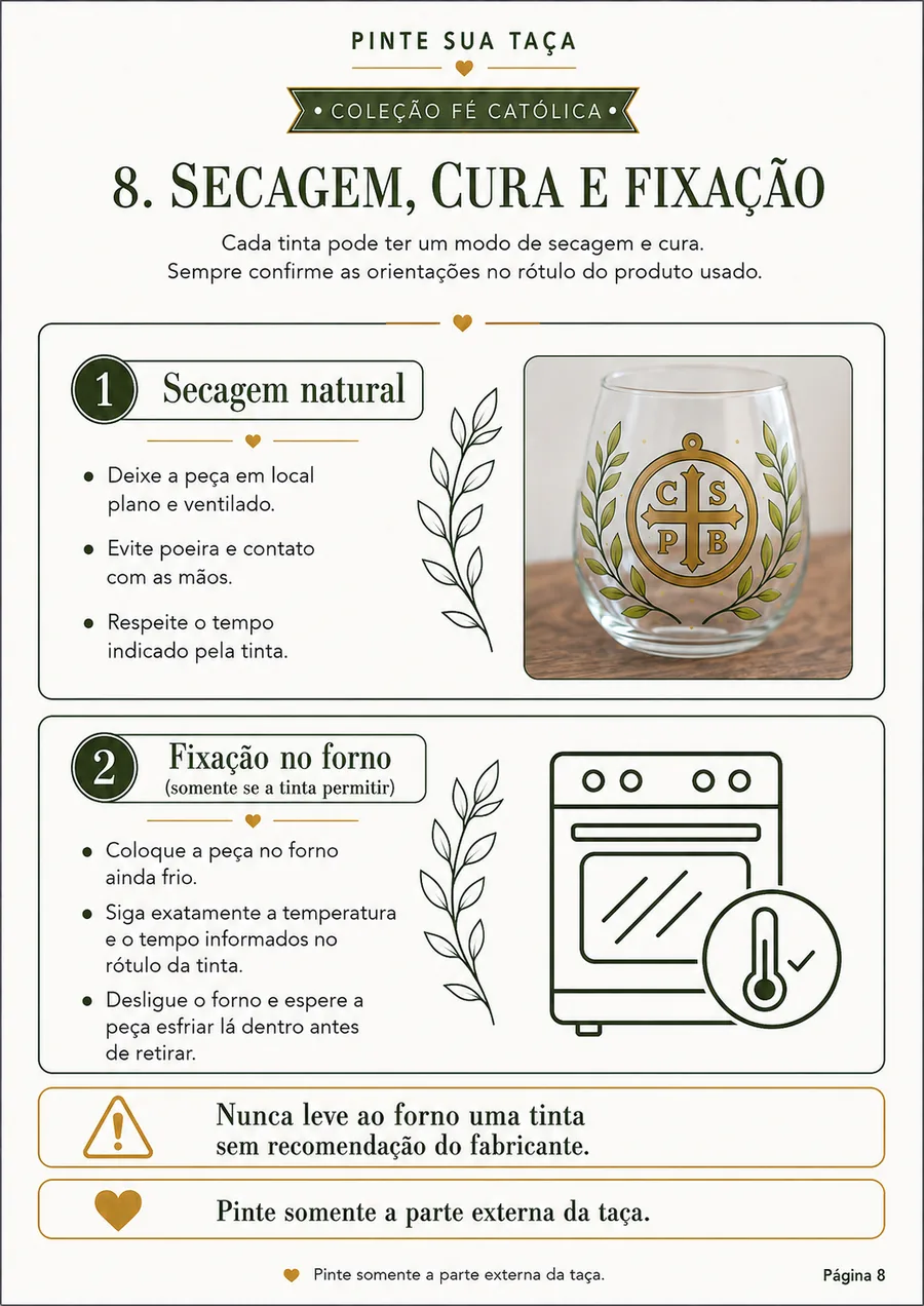 Página sobre secagem, cura e fixação da tinta na taça