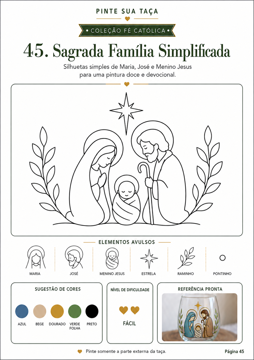 Molde católico 45 Sagrada Família Simplificada, página interna do Pinte Sua Taça - Coleção Fé Católica