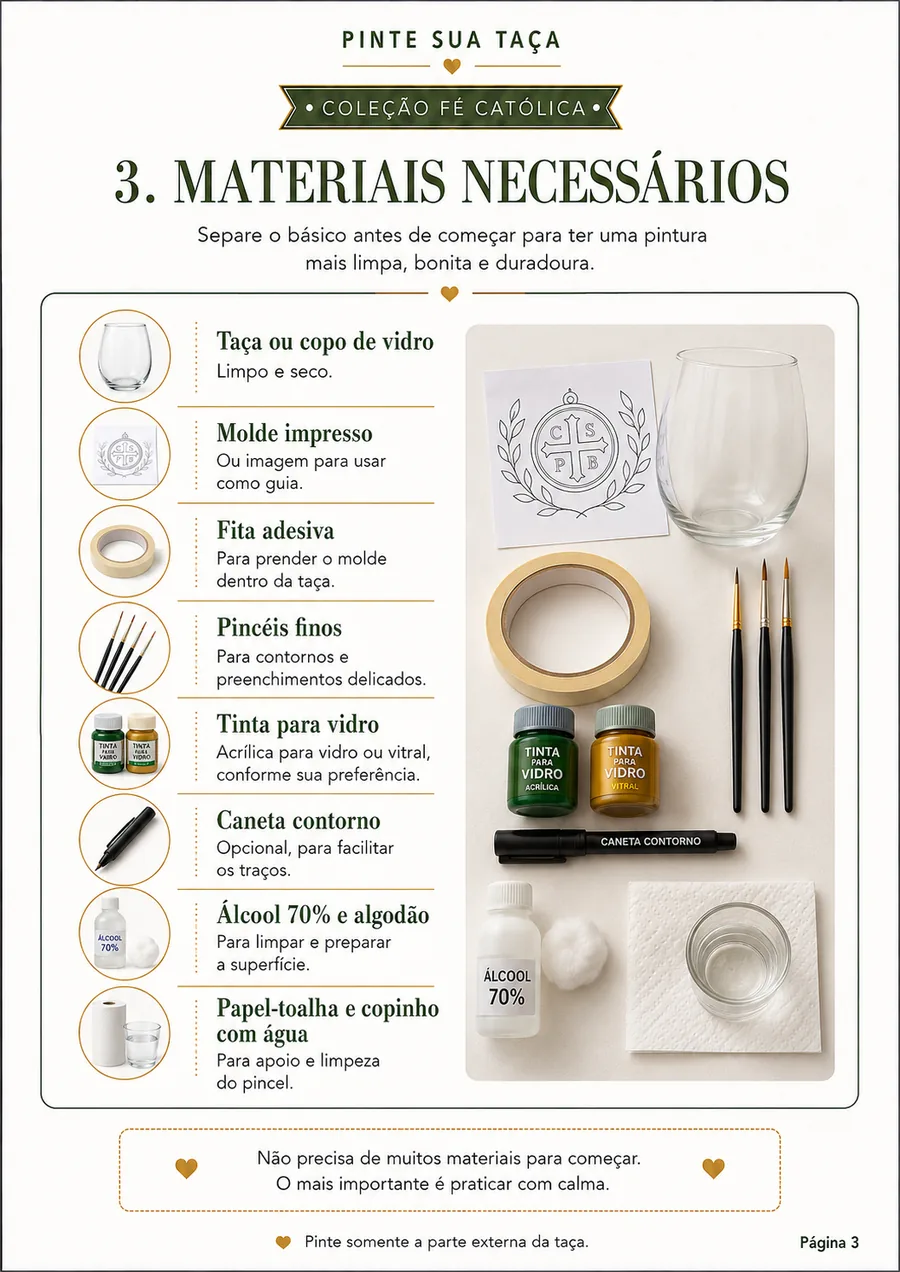 Página com a lista de materiais necessários para pintar taças católicas