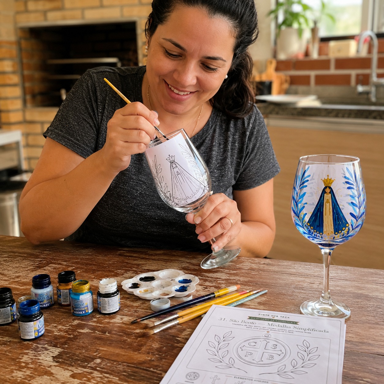 Mulher pintando taça com Nossa Senhora usando o molde impresso