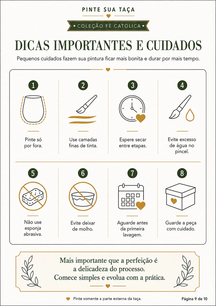 Página com dicas importantes e cuidados com a taça pintada