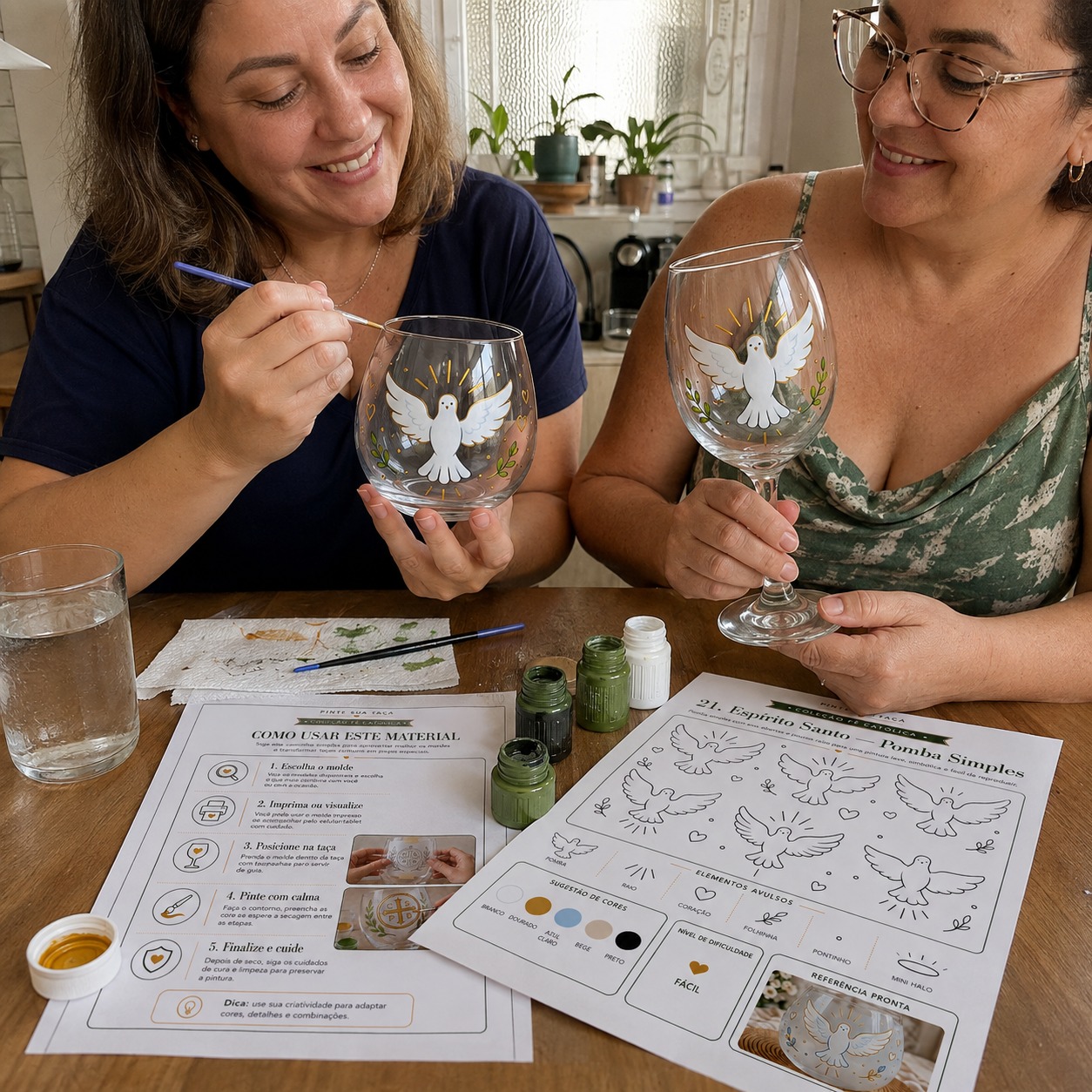 Duas amigas pintando taças com a pomba do Espírito Santo
