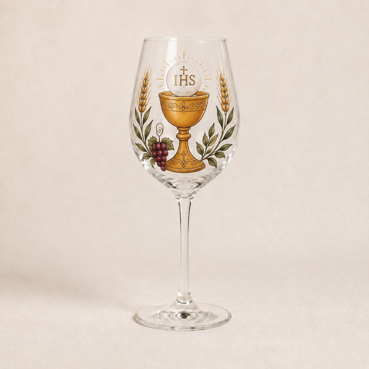 Taça pintada à mão com cálice, hóstia e espigas de trigo