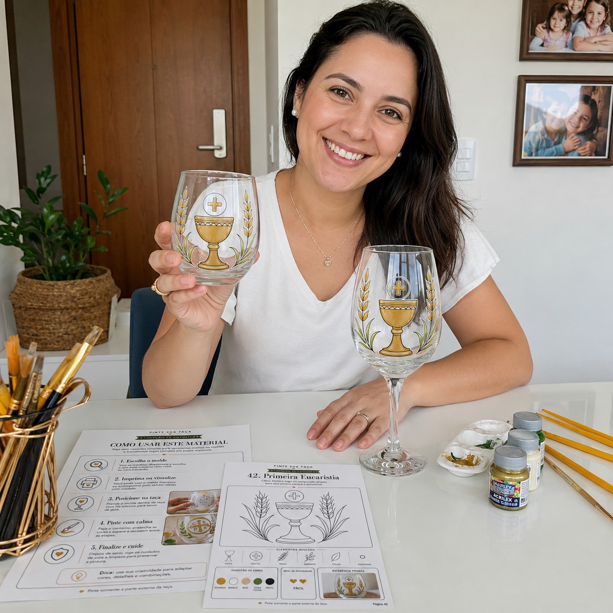 Mulher segurando duas taças com cálice e trigo pintados à mão