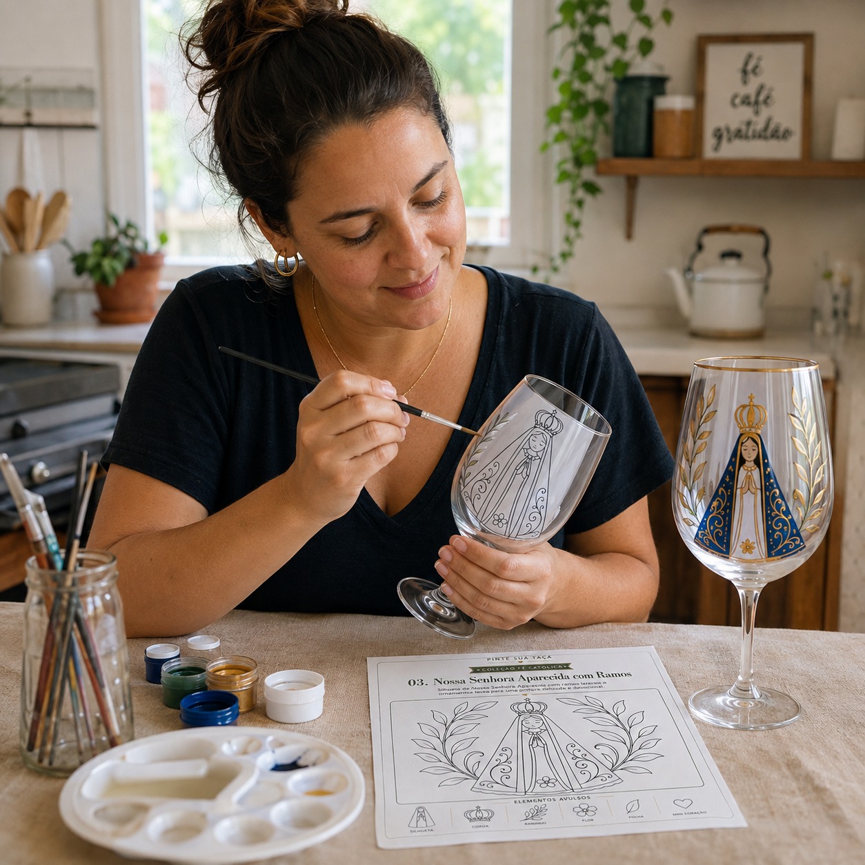 Mulher pintando uma taça com Nossa Senhora Aparecida usando o molde